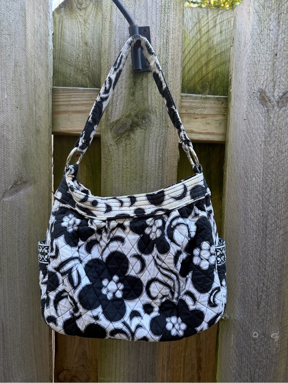 Vera Bradley Black and White Floral Quilted Shoulder Bag Hobo Purse Vintage